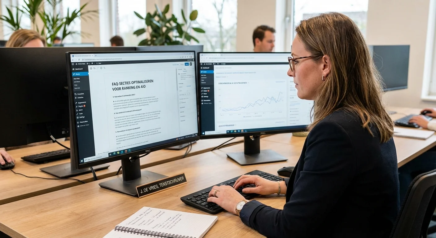 Tekstschrijver die FAQ-secties die ranken &eacute;n AI-antwoorden voeden (AIO) optimaliseert op een modern kantoor