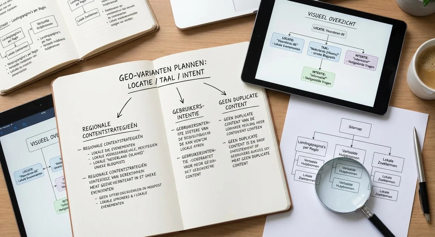 Visueel overzicht van GEO-varianten plannen (locatie/taal/intent): zonder duplicate content gericht op regionale contentstrategie&euml;n en gebruikersintentie