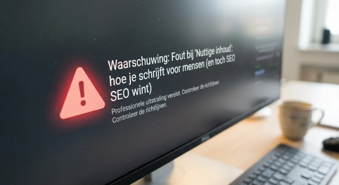 Rood waarschuwingsicoon op een computerscherm dat wijst op fouten bij 'Helpful content': hoe je schrijft voor mensen (en toch SEO wint)