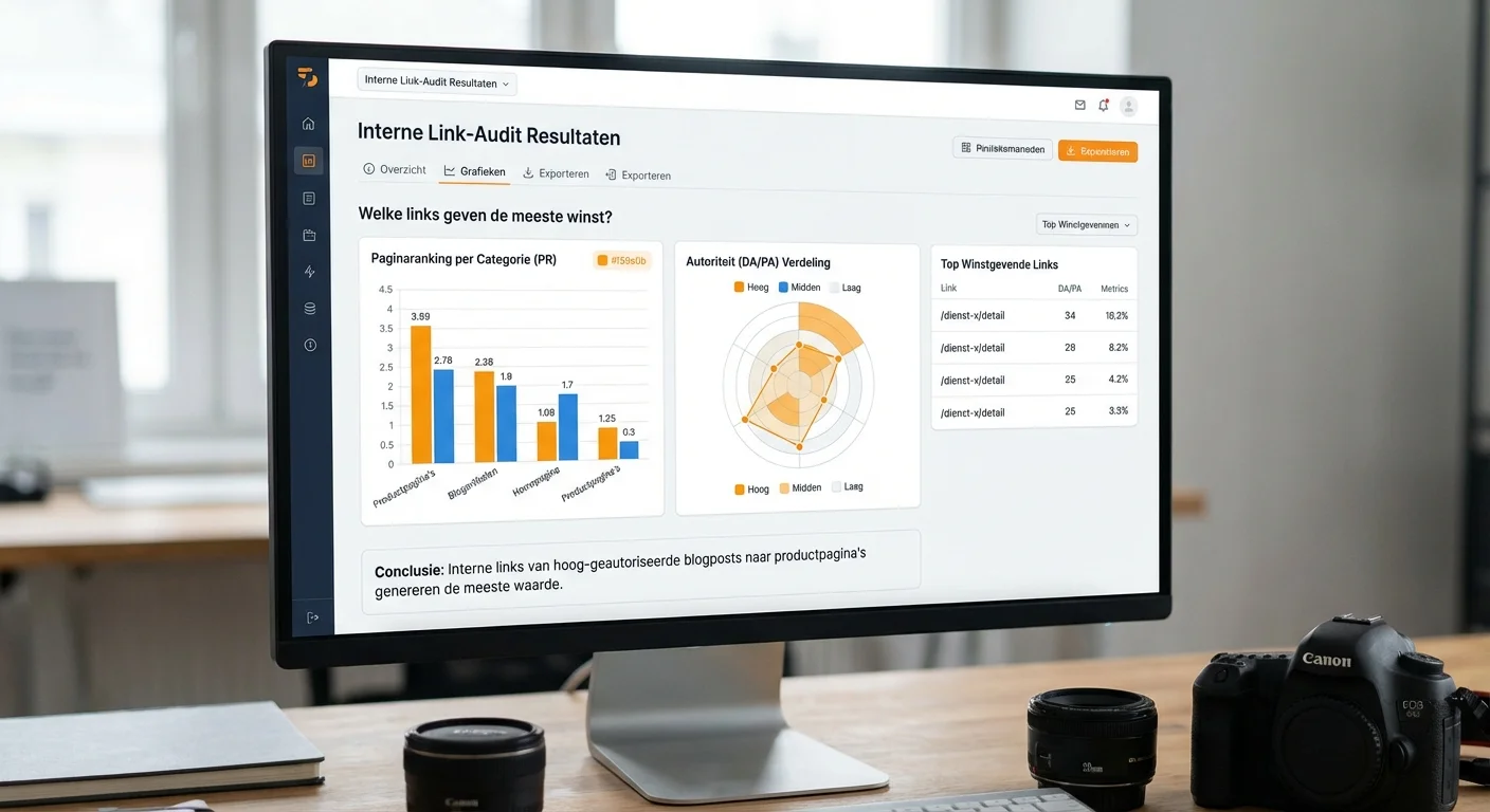 Digitaal dashboard dat de resultaten toont van een Interne link-audit: welke links geven de meeste winst?, met duidelijke grafieken over paginaranking en autoriteit