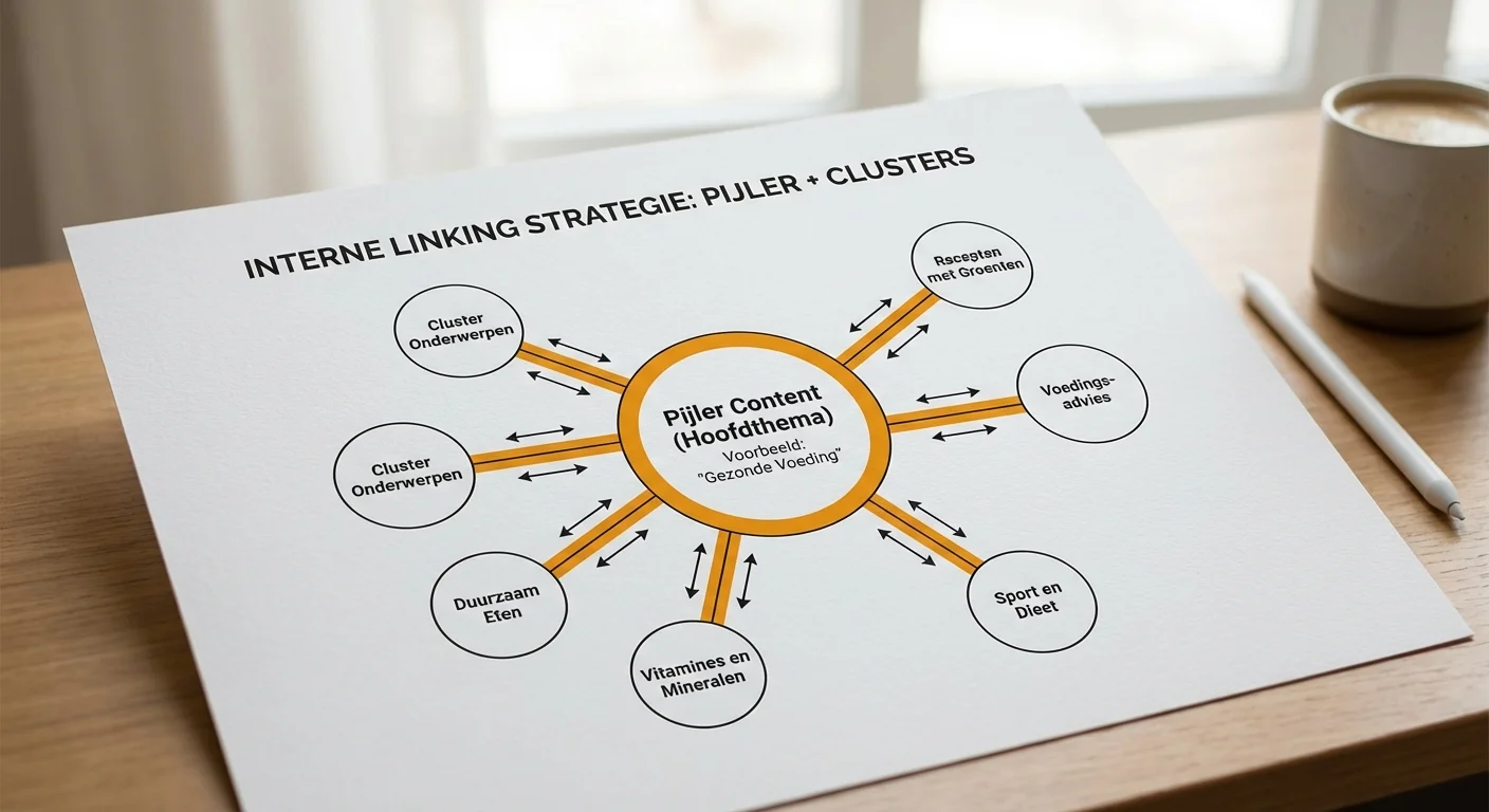 Visueel diagram van een interne linking strategie voor pillar + clusters (met voorbeelden) waarbij een centrale cirkel verbonden is met meerdere subcirkels