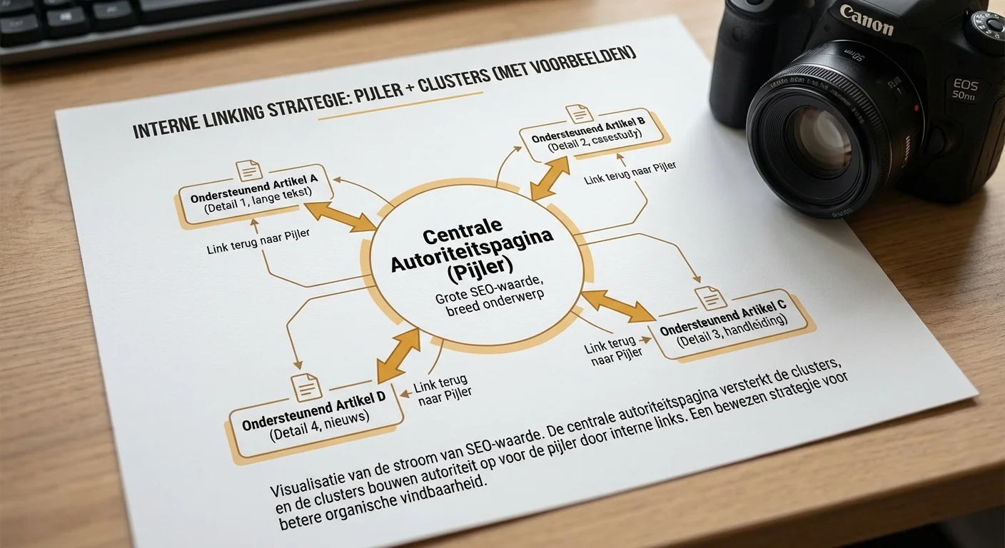 Interne linking strategie voor pillar + clusters (met voorbeelden) visualiseert, waarbij de centrale autoriteitspagina verbonden is met diverse ondersteunende artikelen om de SEO-waarde te verhogen