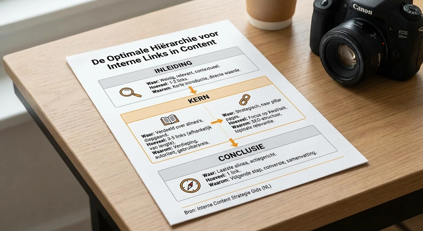 Optimale hi&euml;rarchie toont voor Interne links in content: waar, hoeveel, en waarom, waarbij de nadruk ligt op de spreiding van links in de inleiding, kern en conclusie van een artikel