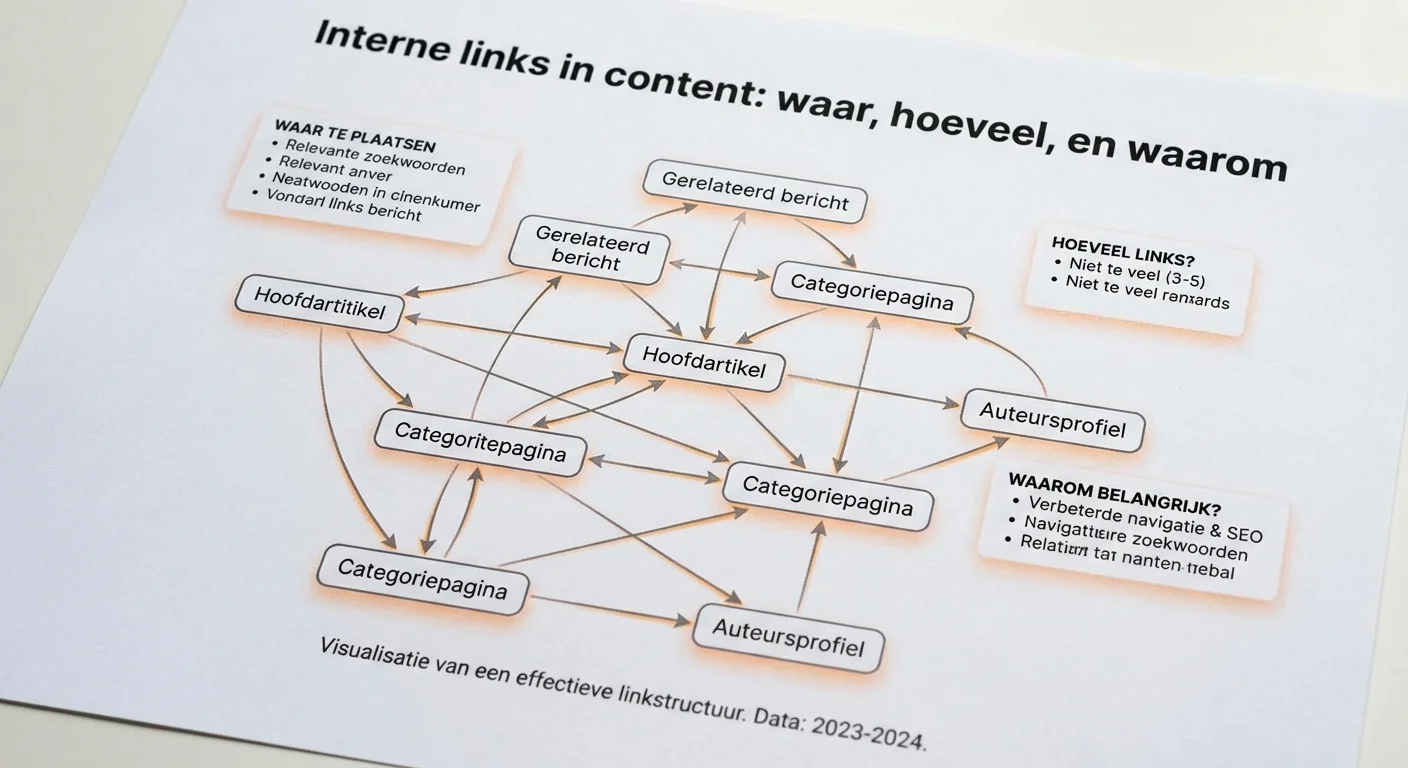 Digitaal netwerkdiagram dat de structuur van Interne links in content: waar, hoeveel, en waarom visualiseert