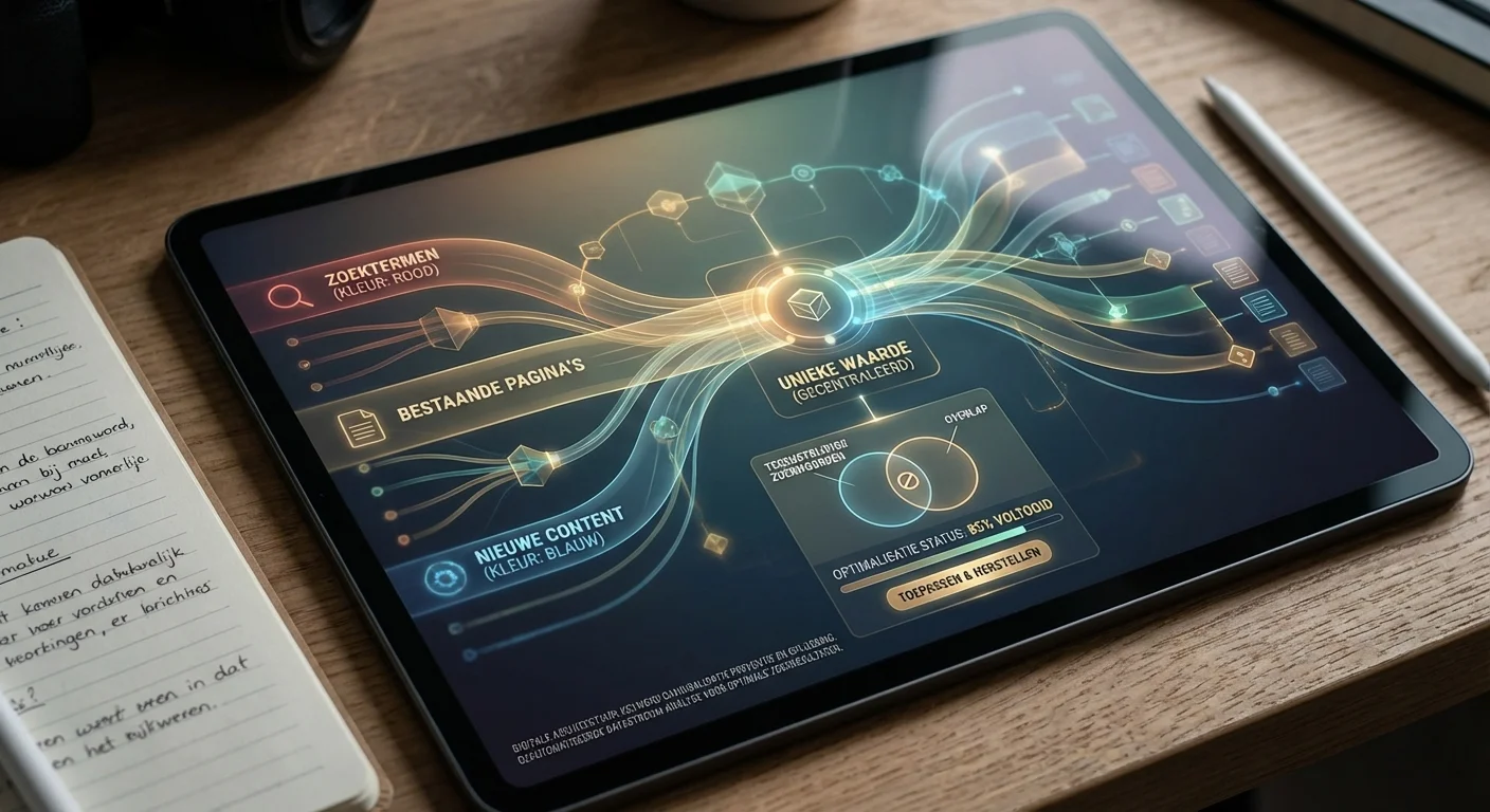 Digitale architectuur die keyword cannibalization voorkomen fixen visualiseert door middel van overlappende datastromen