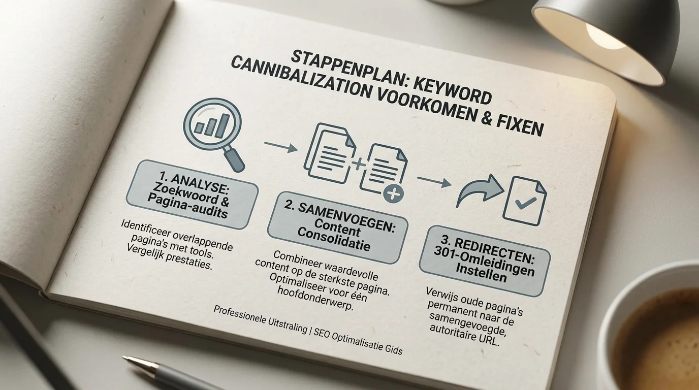 Een overzichtelijk infographic diagram dat de stappen toont voor keyword cannibalization voorkomen fixen, met iconen voor analyse, samenvoegen en redirecten