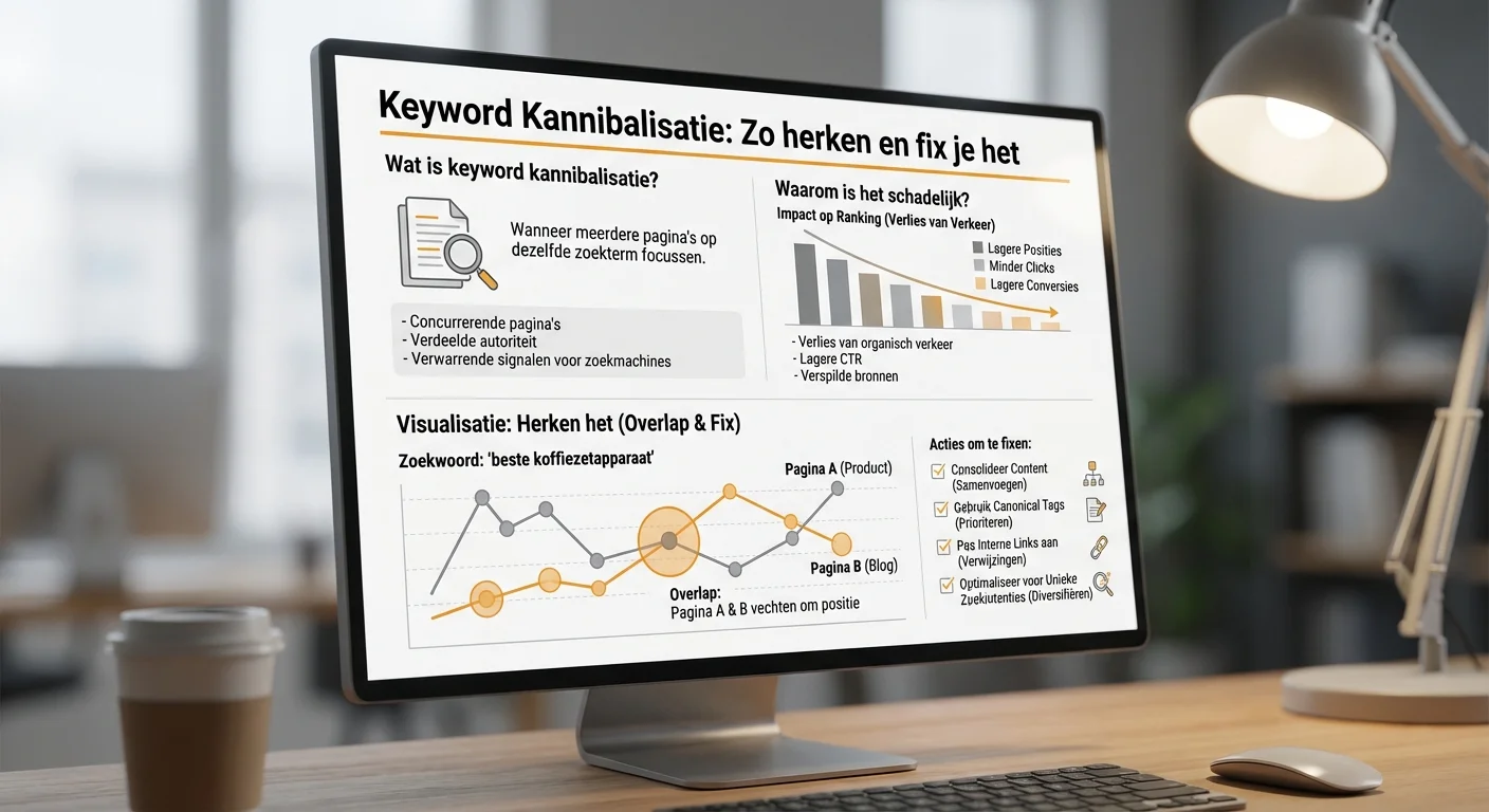 Analytisch dashboard dat Keyword cannibalization: zo herken en fix je het visualiseert bij wat is keyword kannibalisatie en waarom is het schadelijk?