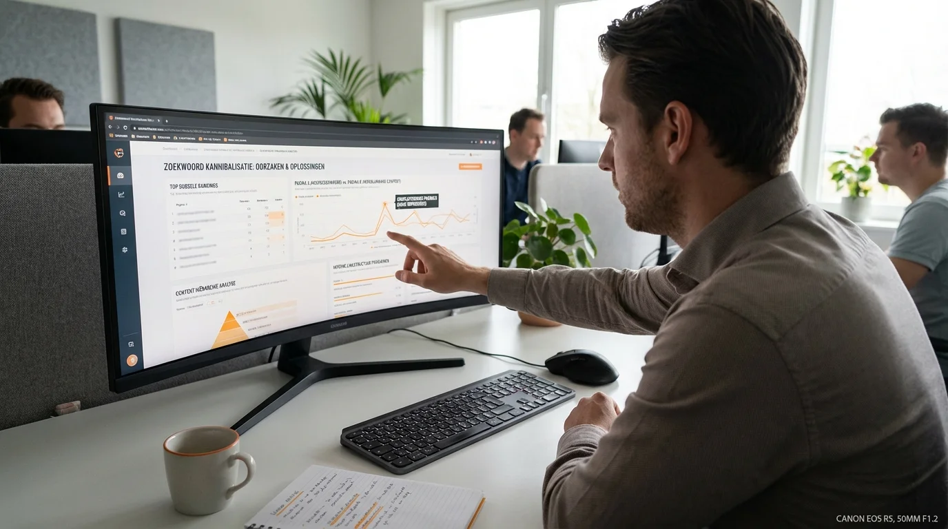 SEO-specialist die complexe datastructuren analyseert op een groot scherm om Keyword cannibalization: zo herken en fix je het op te lossen