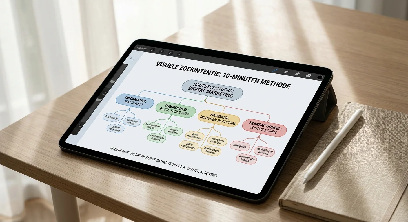 Digitale kaart die verschillende zoekintenties verbindt, een visuele weergave van Keyword research dat niet liegt: intentie-mapping in 10 minuten