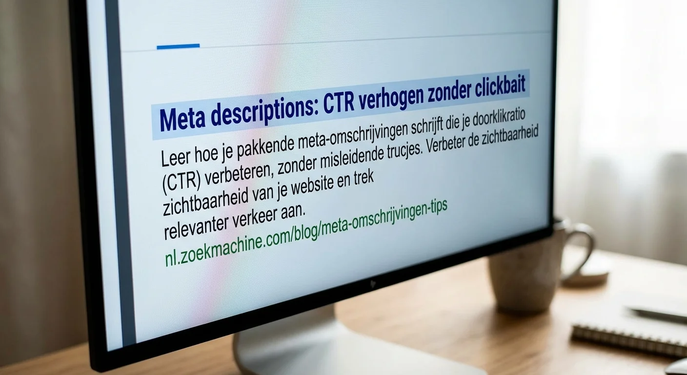 Digitaal zoekresultaat met de tekst Meta descriptions: CTR verhogen zonder clickbait, weergegeven op een modern scherm met zachte achtergrondverlichting