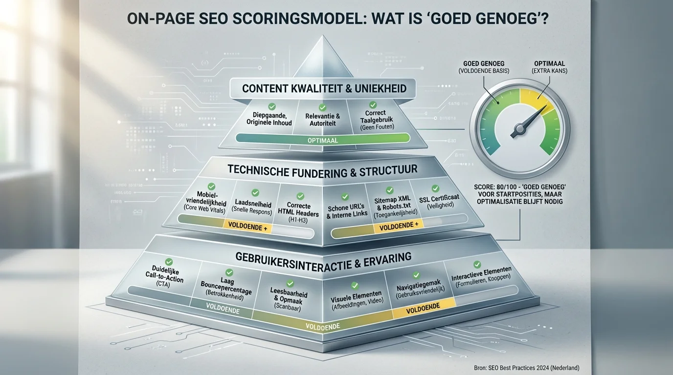 Een gedetailleerd diagram in infographic-stijl dat de hi&euml;rarchie van een On-page SEO checklist (scoringsmodel): wat is 'goed genoeg'? weergeeft, met focus op technische elementen, contentkwaliteit en gebruikersinteractie