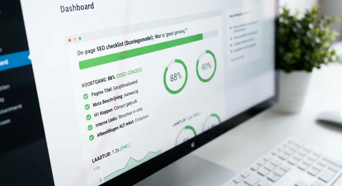Digitaal dashboard dat een On-page SEO checklist (scoringsmodel): wat is 'goed genoeg'? analyseert, met groene vinkjes en grafieken die de voortgang tonen