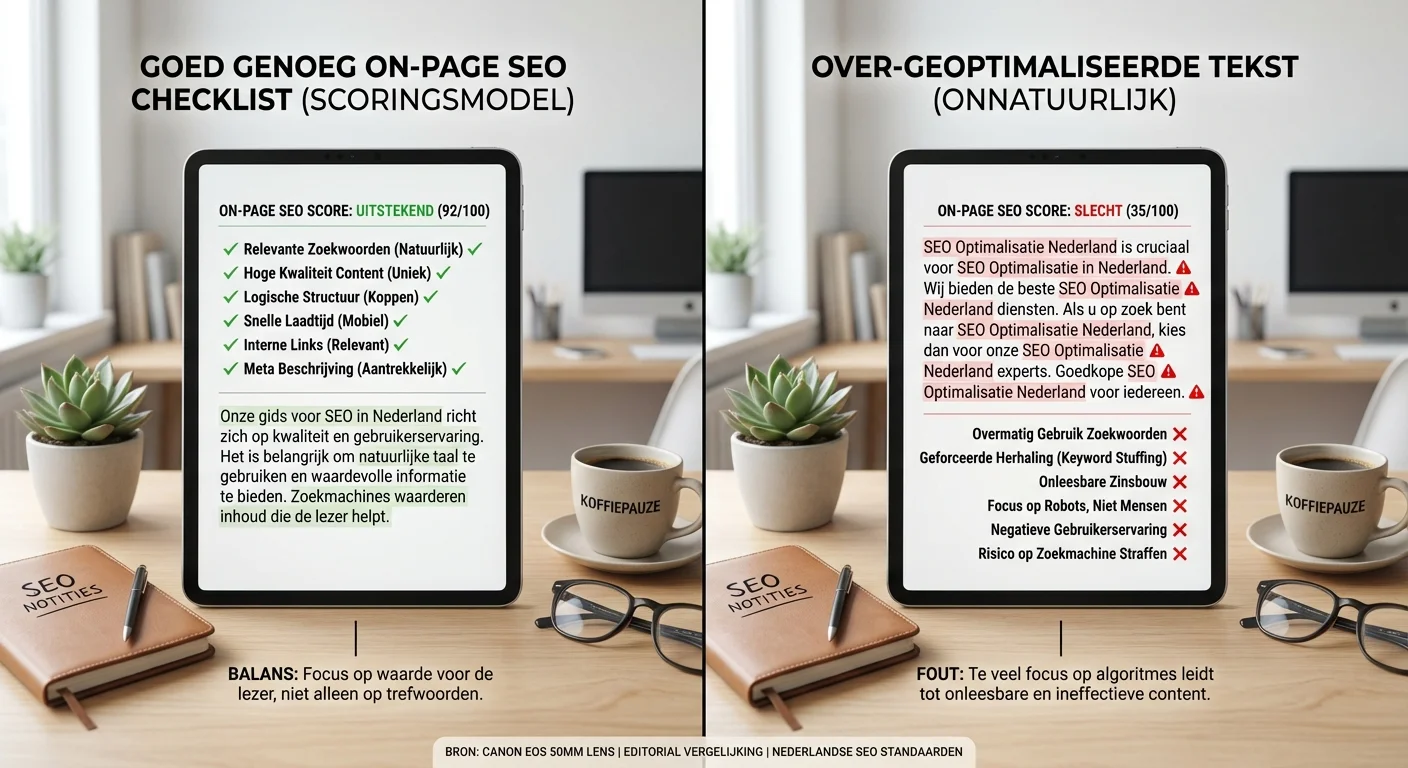 Comparative view, side-by-side layout van een On-page SEO checklist (scoringsmodel): wat is 'goed genoeg'? versus een over-geoptimaliseerde tekst die onnatuurlijk oogt
