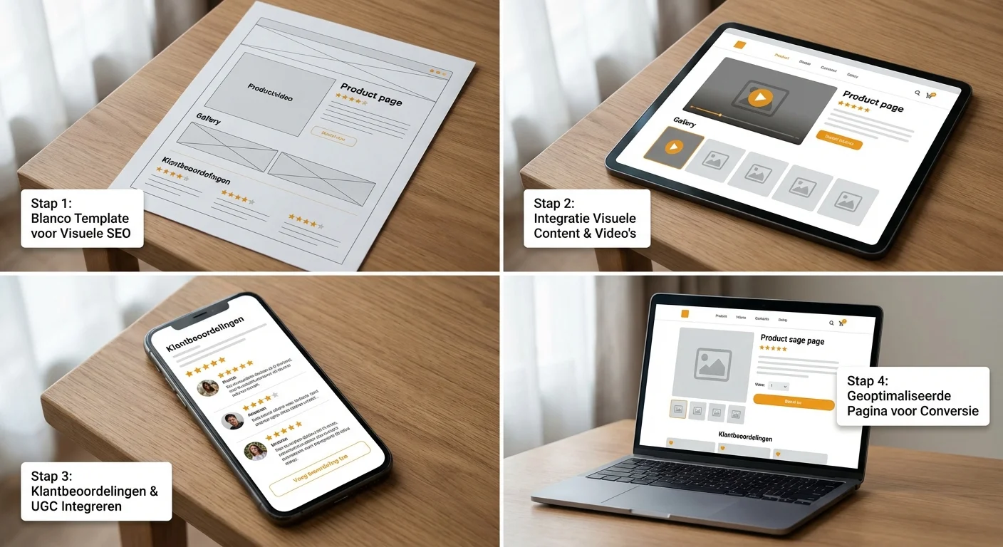 Step-by-step illustration van een proces visualisatie van Productpagina SEO: template die altijd alle velden dekt bij conversie optimalisatie via visuele content en reviews, waarbij klantbeoordelingen en productvideo's centraal staan