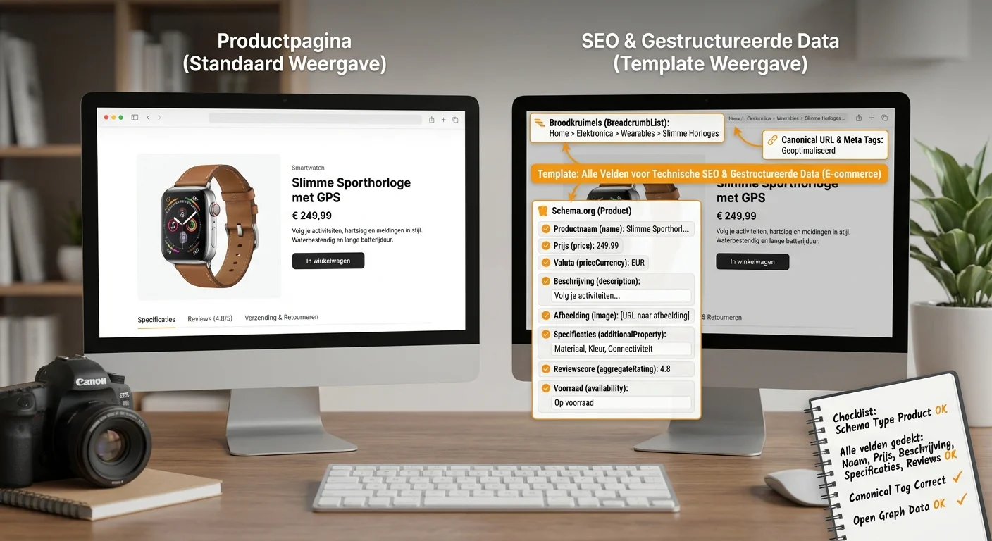 Comparative view, side-by-side layout van Productpagina SEO: template die altijd alle velden dekt bij technische seo-elementen en structured data voor e-commerce