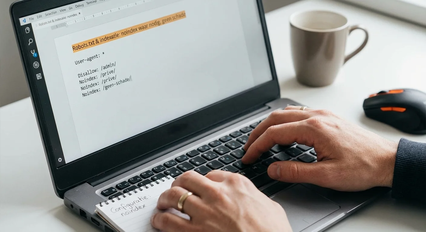Programmeur die de regels voor Robots.txt & indexatie: noindex waar nodig, geen schade configureert in een tekstverwerker