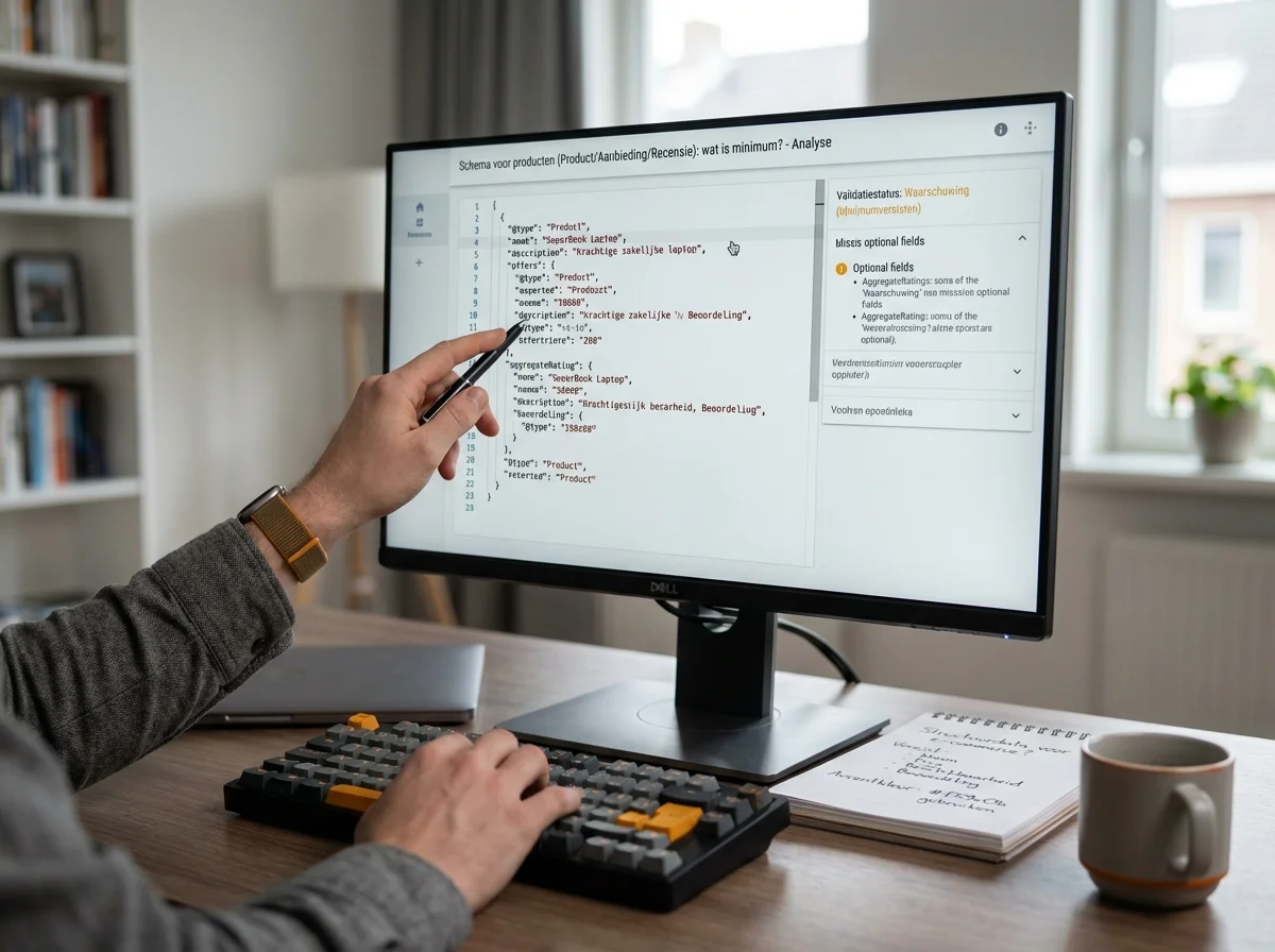 Programmeur die de code van Schema voor producten (Product/Offer/Review): wat is minimum? analyseert op een monitor, wat is gestructureerde data voor e-commerce?