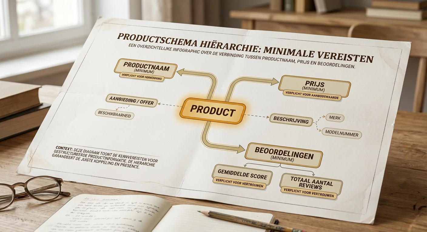 Hi&euml;rarchie toont van Schema voor producten (Product/Offer/Review): wat is minimum? met focus op de verbinding tussen productnaam, prijs en beoordelingen