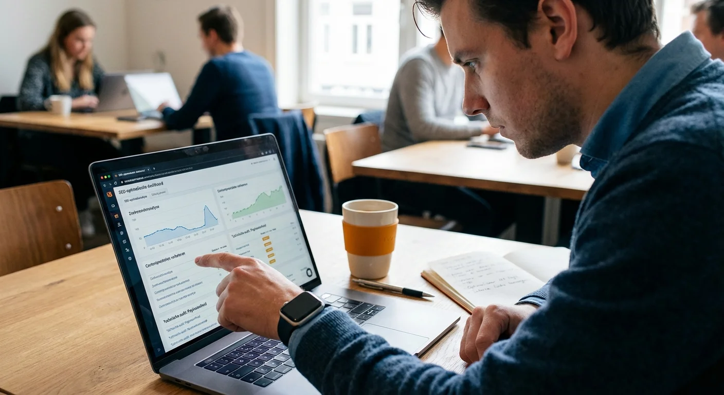 Een realistische actiefoto vanuit een dynamisch perspectief van een marketeer die een SEO audit uitvoert op een laptop om content optimalisatie te verbeteren