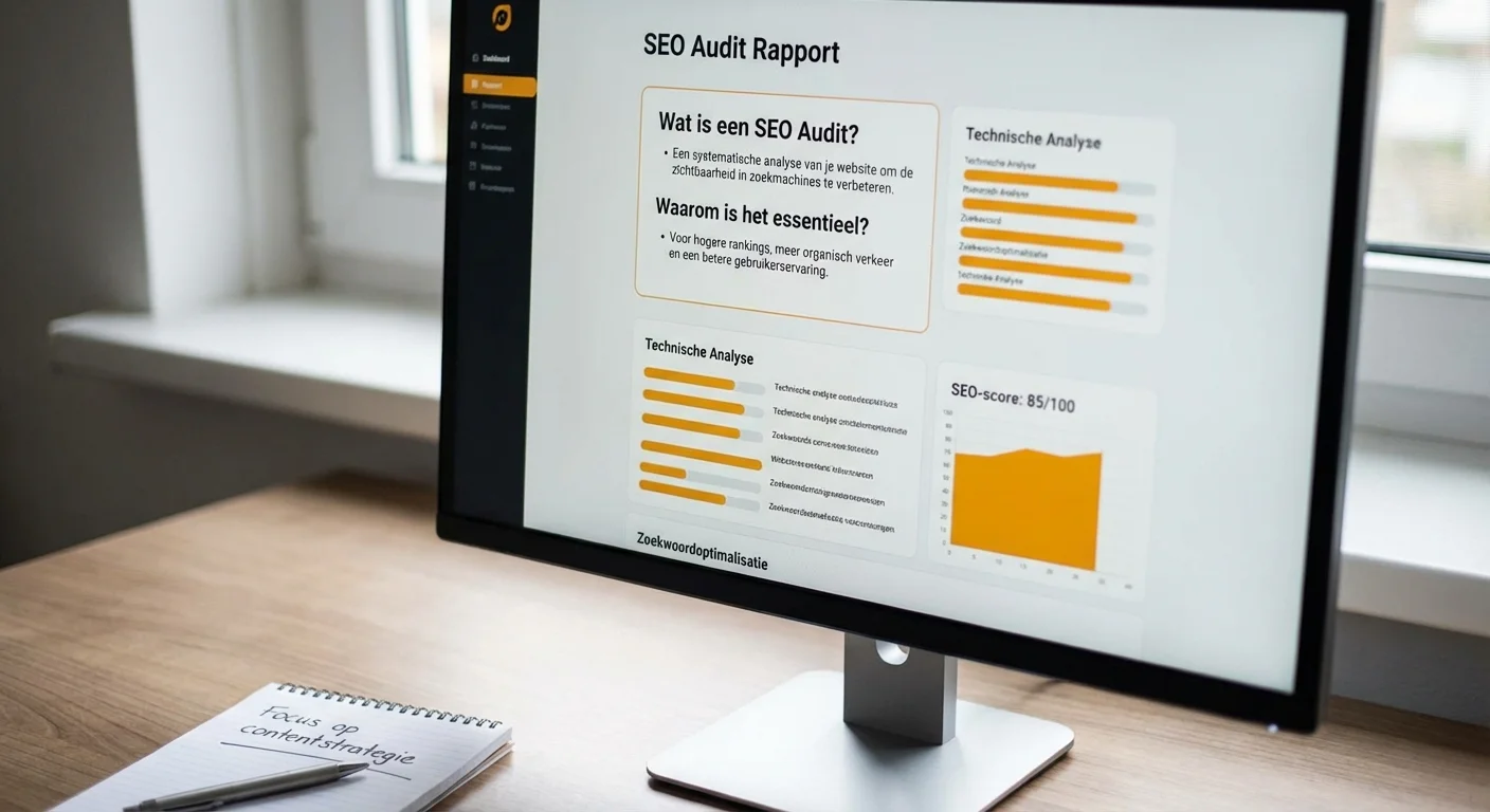 SEO audit rapport op een modern computerscherm, wat is een seo audit en waarom is het essentieel?