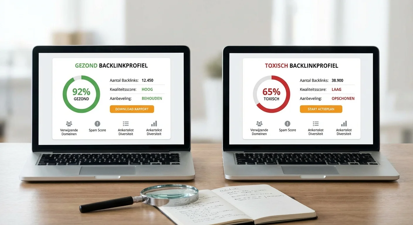 Comparative view, side-by-side layout van een SEO audit die een gezond versus een toxisch backlinkprofiel analyseert