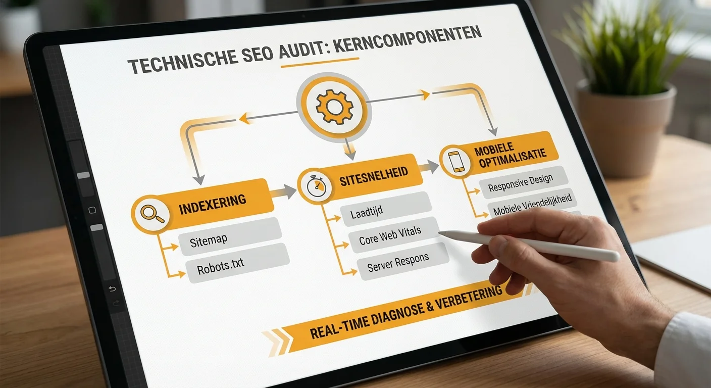 Een gedetailleerd diagram in infographic-stijl dat de kerncomponenten van een technische SEO audit weergeeft, inclusief indexering, sitesnelheid en mobiele optimalisatie