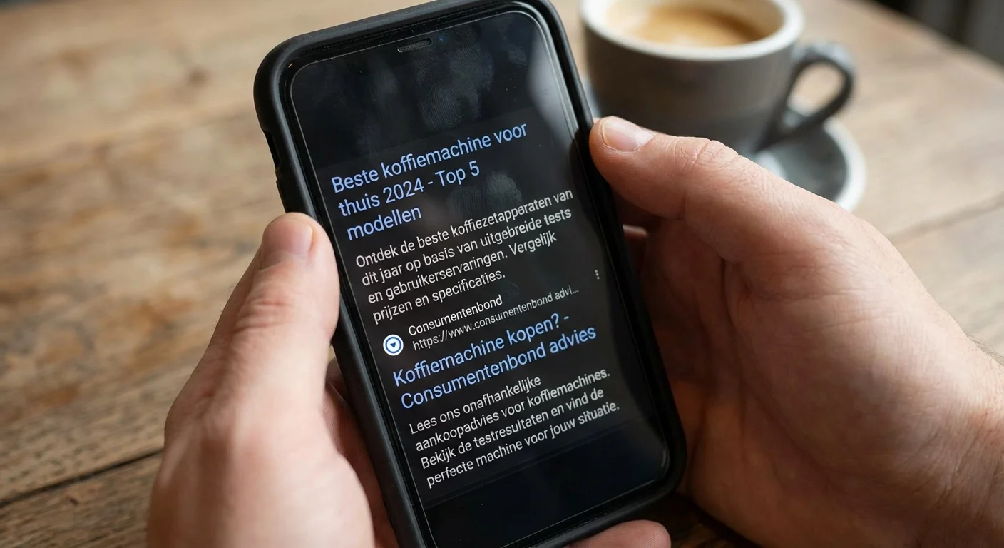 SERP meta op schaal: titels/beschrijvingen die klikken bij een zoekresultaat op een mobiel scherm