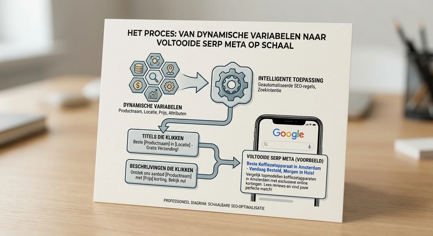 Een infographic die het proces toont van dynamische variabelen naar een voltooide SERP meta op schaal: titels/beschrijvingen die klikken, weergegeven in een professioneel diagram