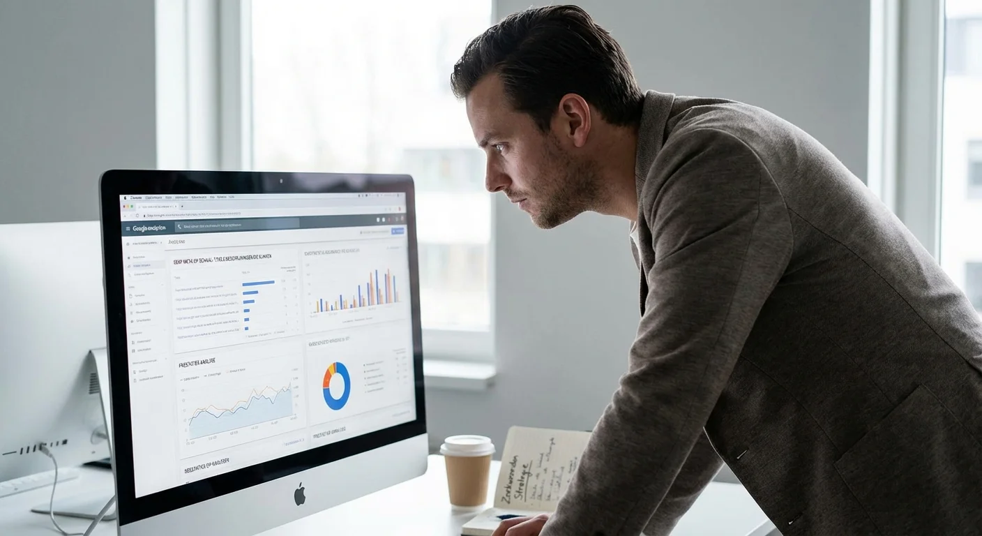 A digital marketer analyzing a dashboard with SERP meta op schaal: titels/beschrijvingen die klikken data