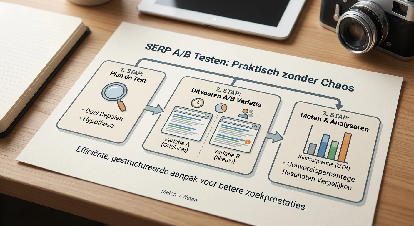 Infographic style visual preview of SERP testing: A/B zonder chaos (praktisch) showing a step-by-step measurement process, clear and informative