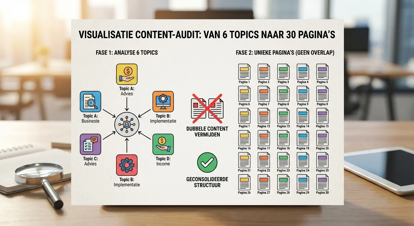 Een informatieve infographic die het proces van content-audit visualiseert binnen een Services-structuur: van 6 topics naar 30 pagina's zonder overlap, met duidelijke iconen die het voorkomen van dubbele content symboliseren