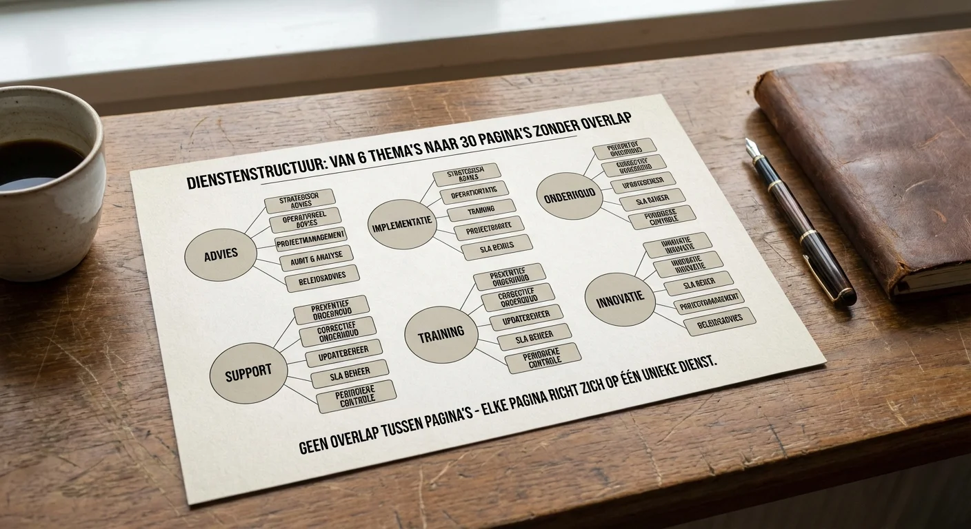 Visueel diagram dat de Services-structuur: van 6 topics naar 30 pagina's zonder overlap weergeeft op een houten bureau