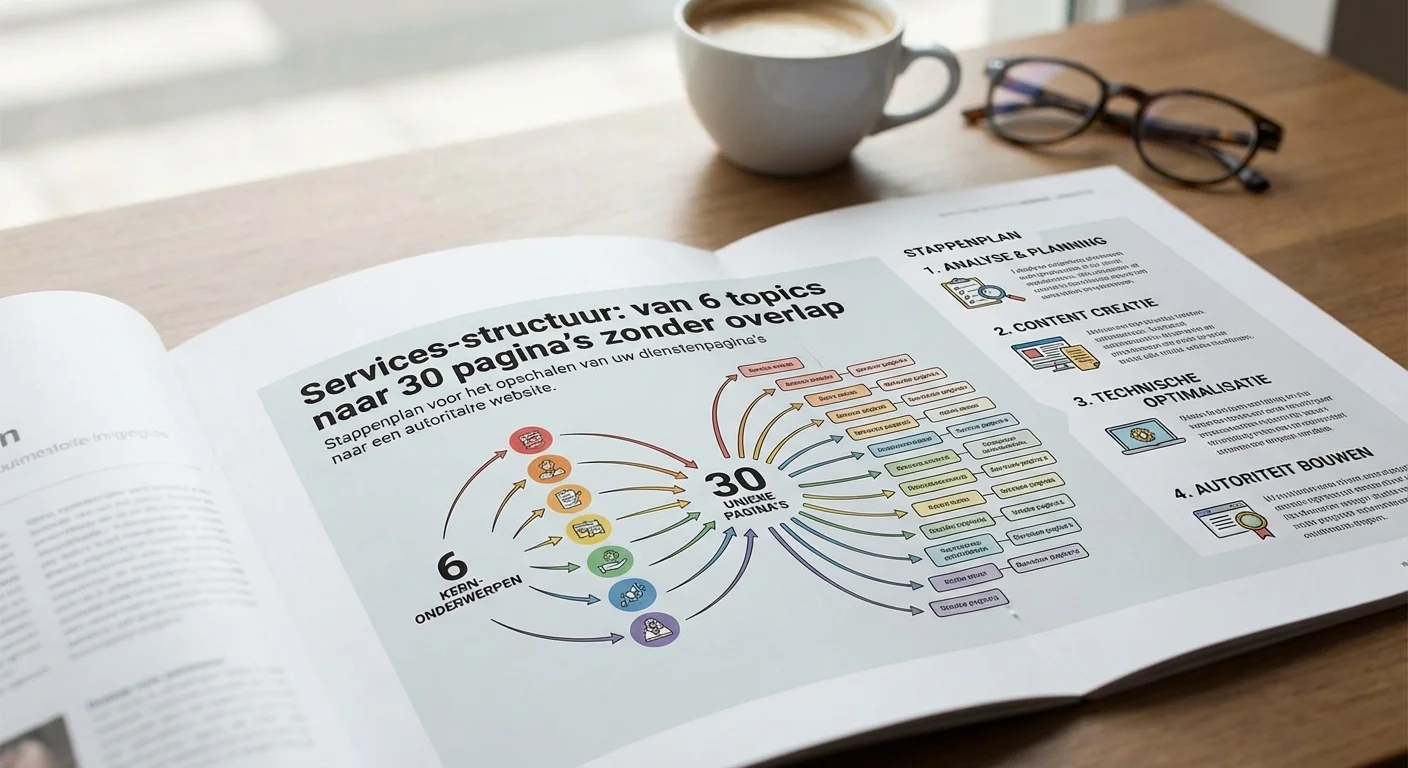 Services-structuur: van 6 topics naar 30 pagina's zonder overlap at stappenplan voor het opschalen van uw dienstenpagina's naar een autoritaire website