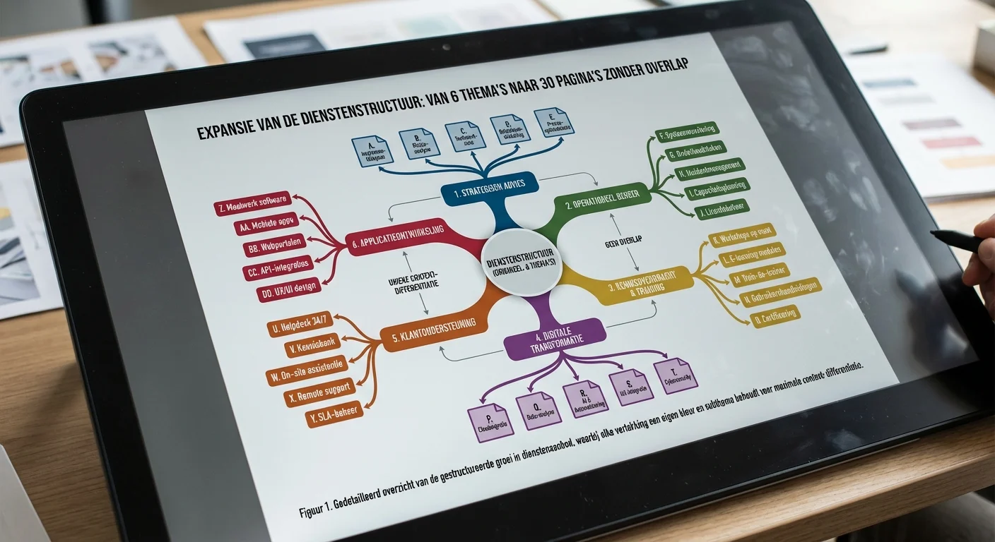 Een gedetailleerd diagram in infographic-stijl dat de expansie toont van een Services-structuur: van 6 topics naar 30 pagina's zonder overlap, waarbij elke vertakking een unieke kleur en subthema heeft voor content-differentiatie