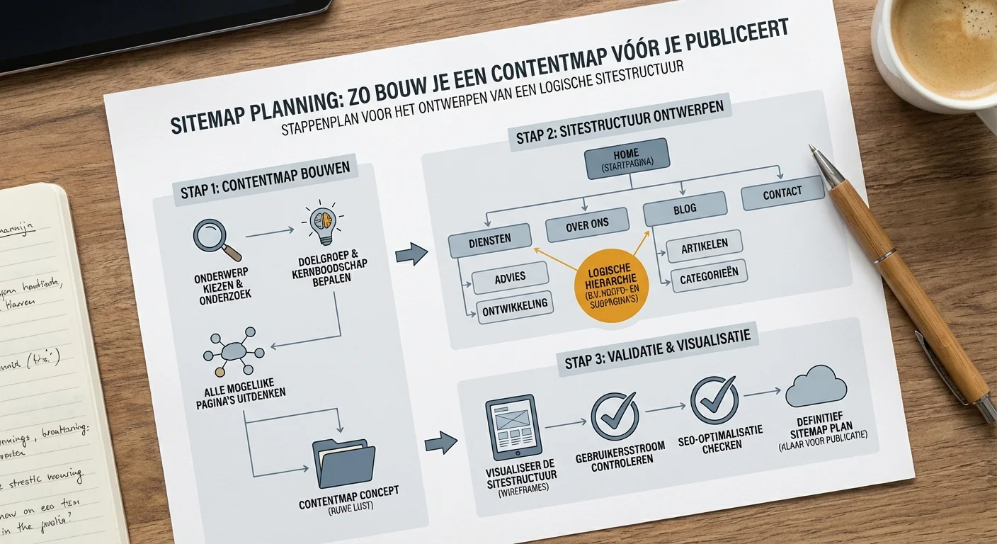 Sitemap planning: zo bouw je een contentmap v&oacute;&oacute;r je publiceert at stappenplan voor het ontwerpen van een logische sitestructuur