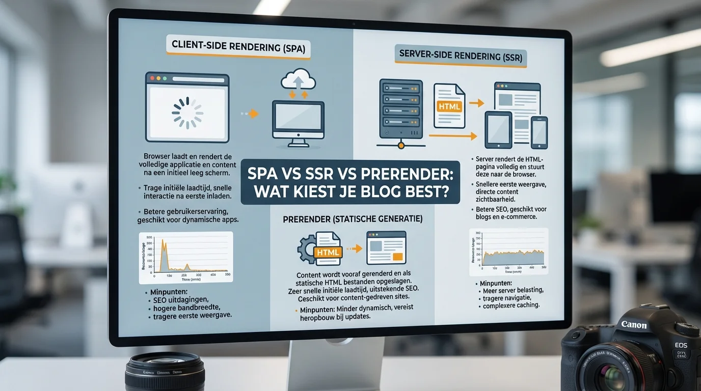 Een moderne, overzichtelijke infographic op een split-screen achtergrond die de technische verschillen visualiseert tussen client-side rendering en server-side rendering, met de tekst SPA vs SSR vs Prerender: wat kiest je blog best? centraal in beeld, professionele zakelijke uitstraling, hoge resolutie.