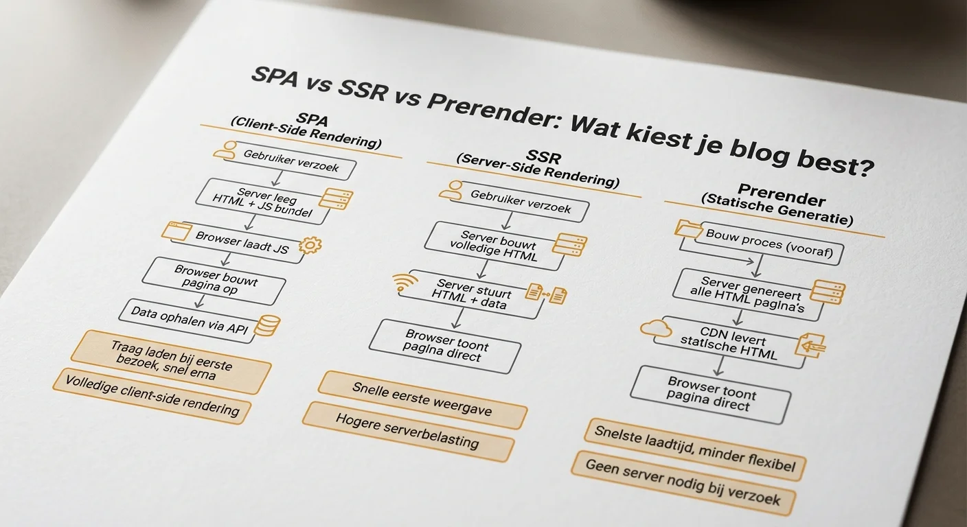 Technisch diagram dat de datastroom visualiseert voor SPA vs SSR vs Prerender: wat kiest je blog best?, waarbij de verschillen tussen server-side en client-side rendering duidelijk zichtbaar zijn