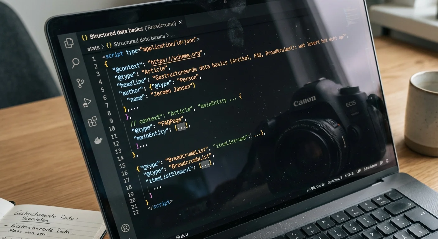 Code-editor die JSON-LD markeringen toont voor Structured data basics (Article, FAQ, Breadcrumb): wat levert &eacute;cht op?