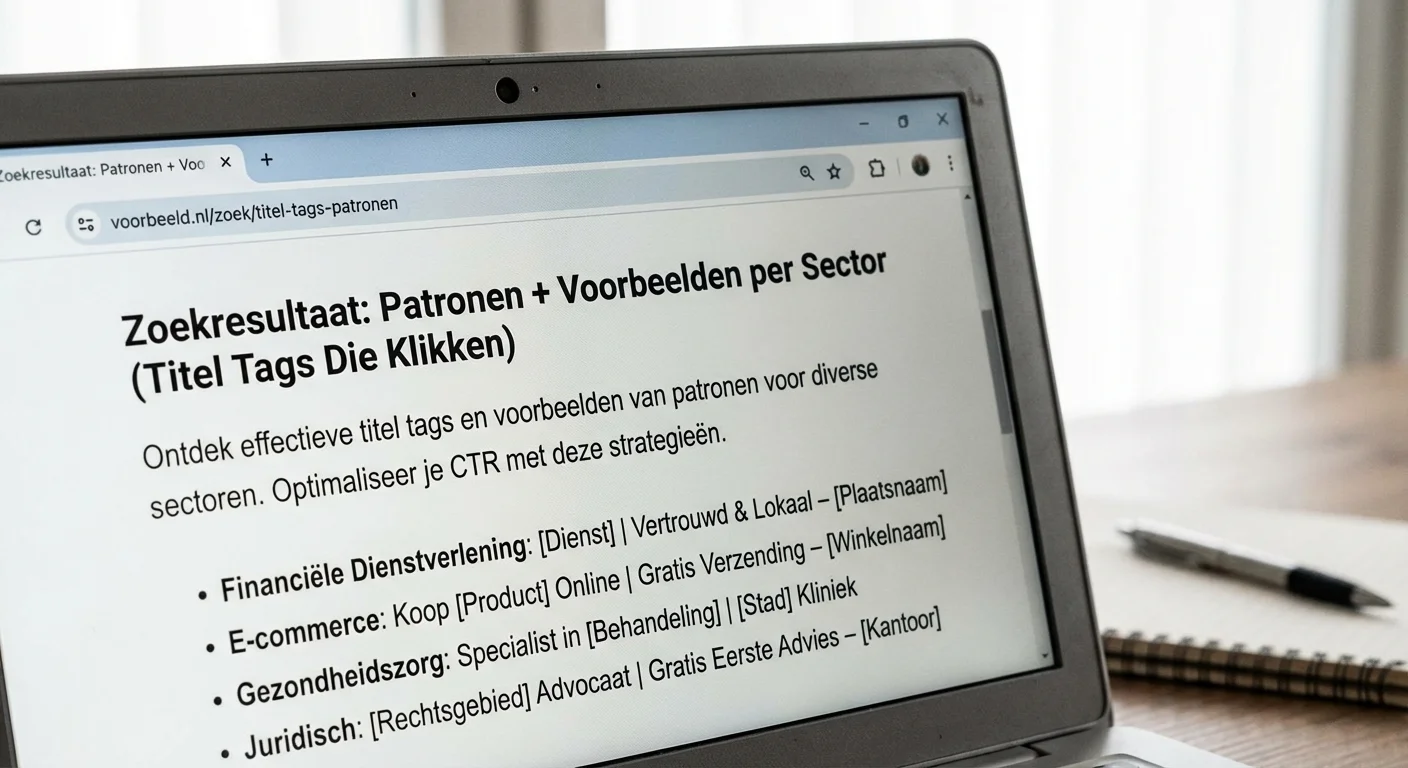 Zoekresultaat met Title tags die klikken: patterns + voorbeelden per sector op een laptopscherm
