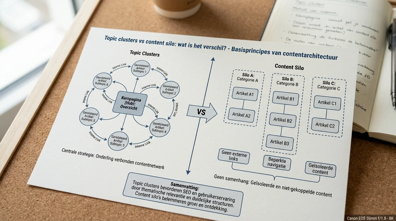 Diagram over Topic clusters vs content silo: wat is het verschil? bij de basisprincipes van contentarchitectuur uitgelegd