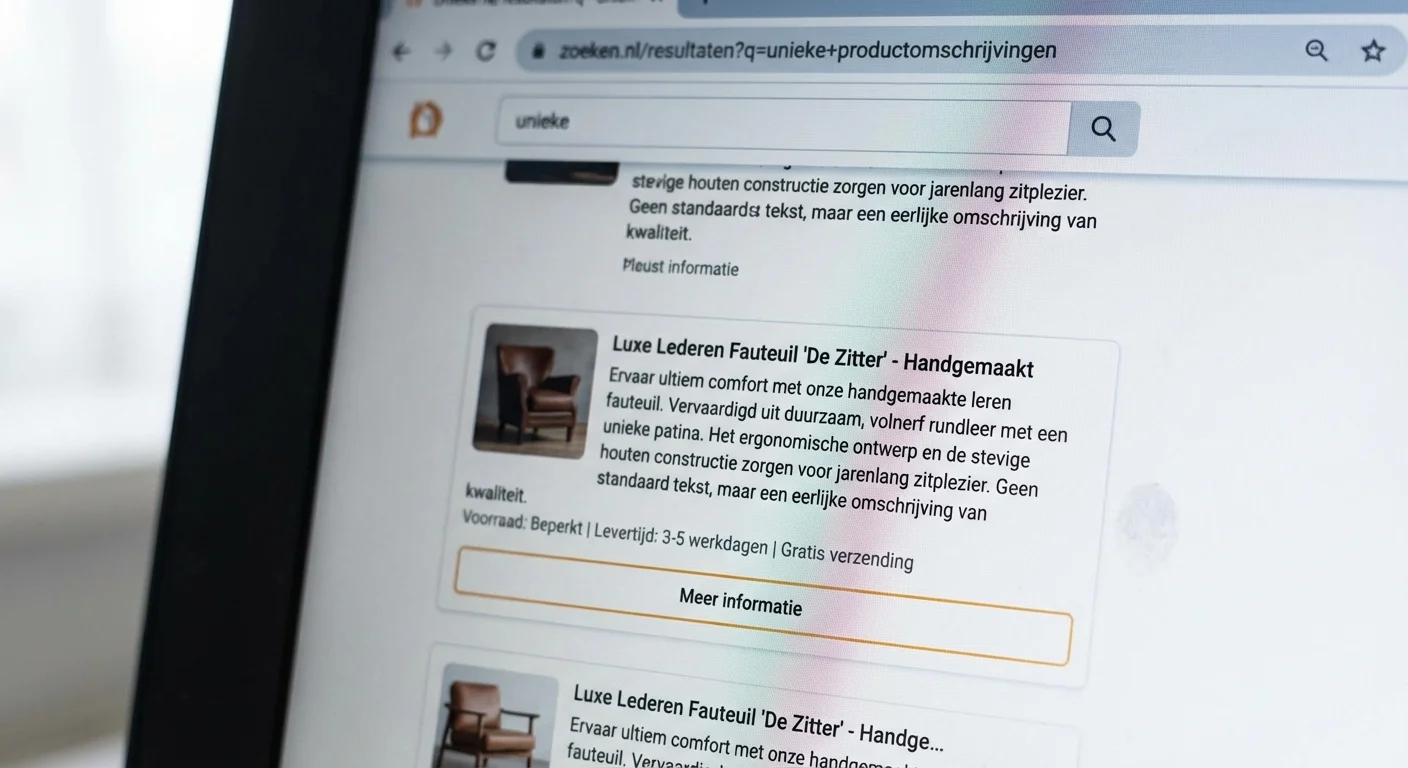 Zoekresultatenpagina waarop Unique product descriptions zonder thin content duidelijk zichtbaar zijn als kwalitatieve snippets