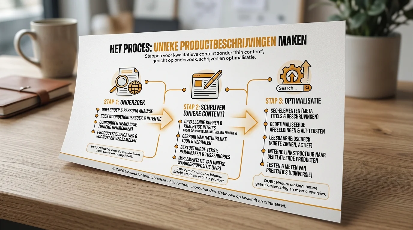 Stappen toont voor het maken van Unique product descriptions zonder thin content, met focus op onderzoek, schrijven en optimalisatie