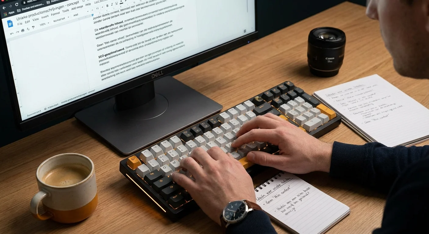 Tekstschrijver die werkt aan Unique product descriptions zonder thin content op een modern toetsenbord