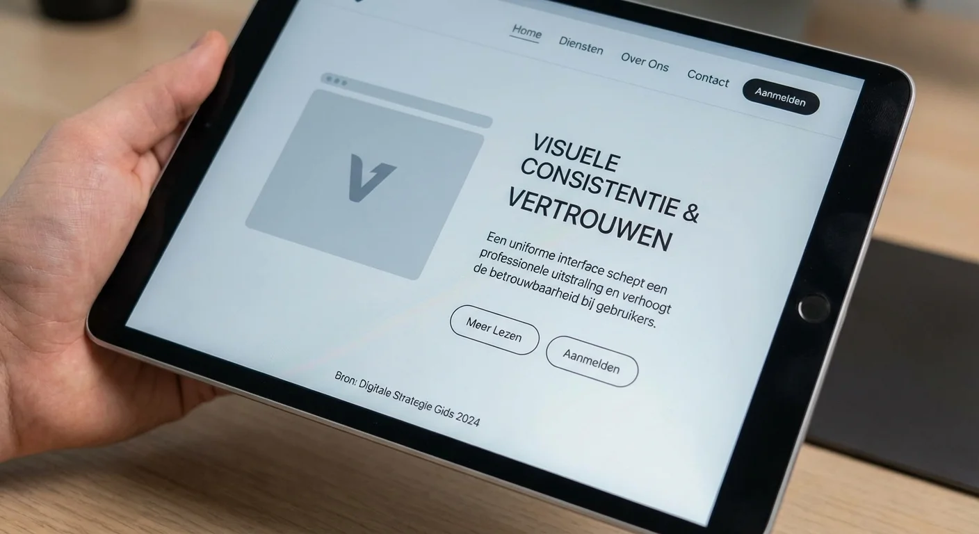 Strak ontworpen interface met uniforme knoppen en lettertypen die Visuele consistentie op je site: waarom dat vertrouwen bouwt illustreert, <a href=