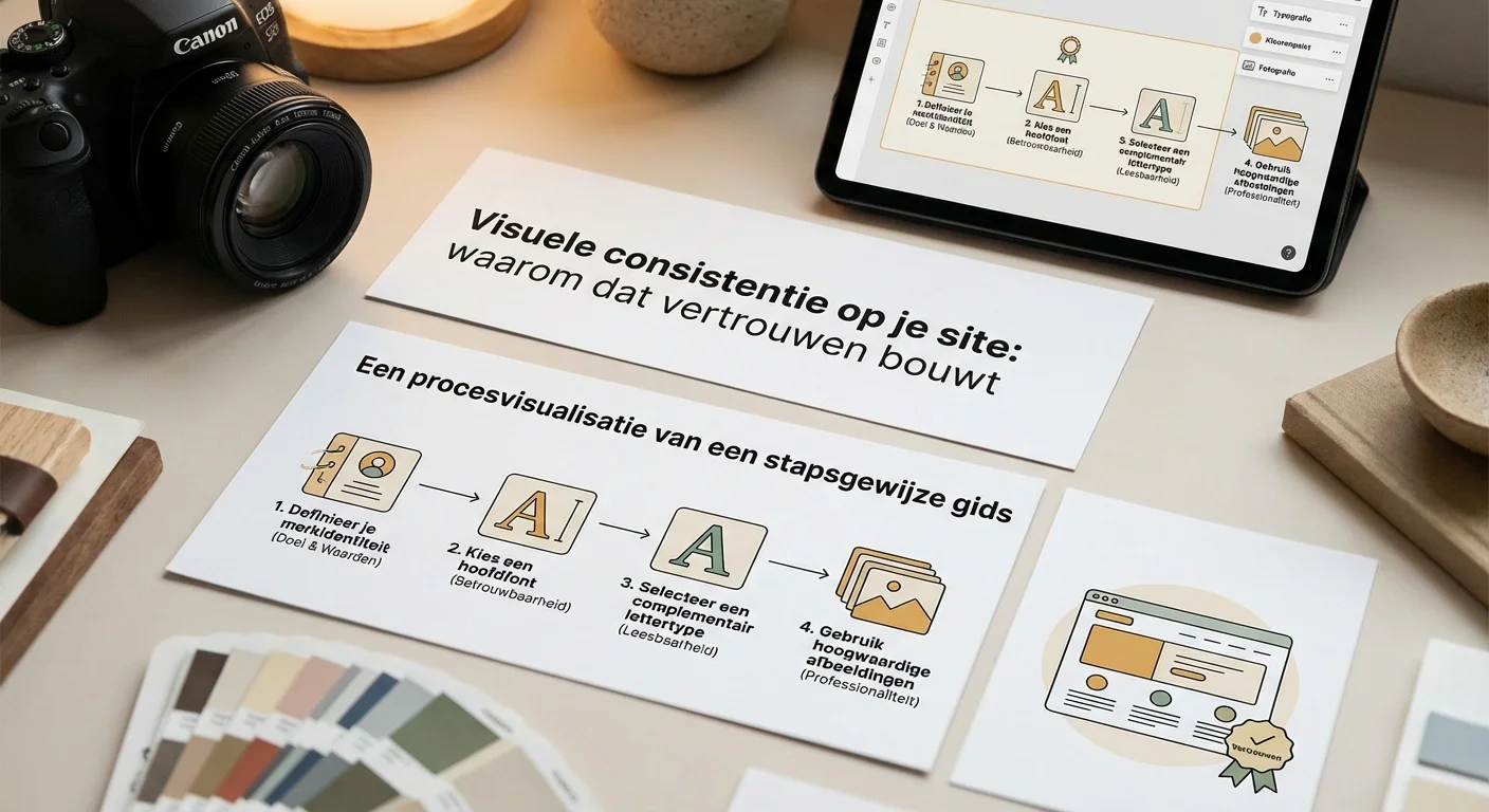 Een procesvisualisatie van een stapsgewijze gids voor het selecteren van complementaire lettertypen en hoogwaardige afbeeldingen om Visuele consistentie op je site: waarom dat vertrouwen bouwt te versterken