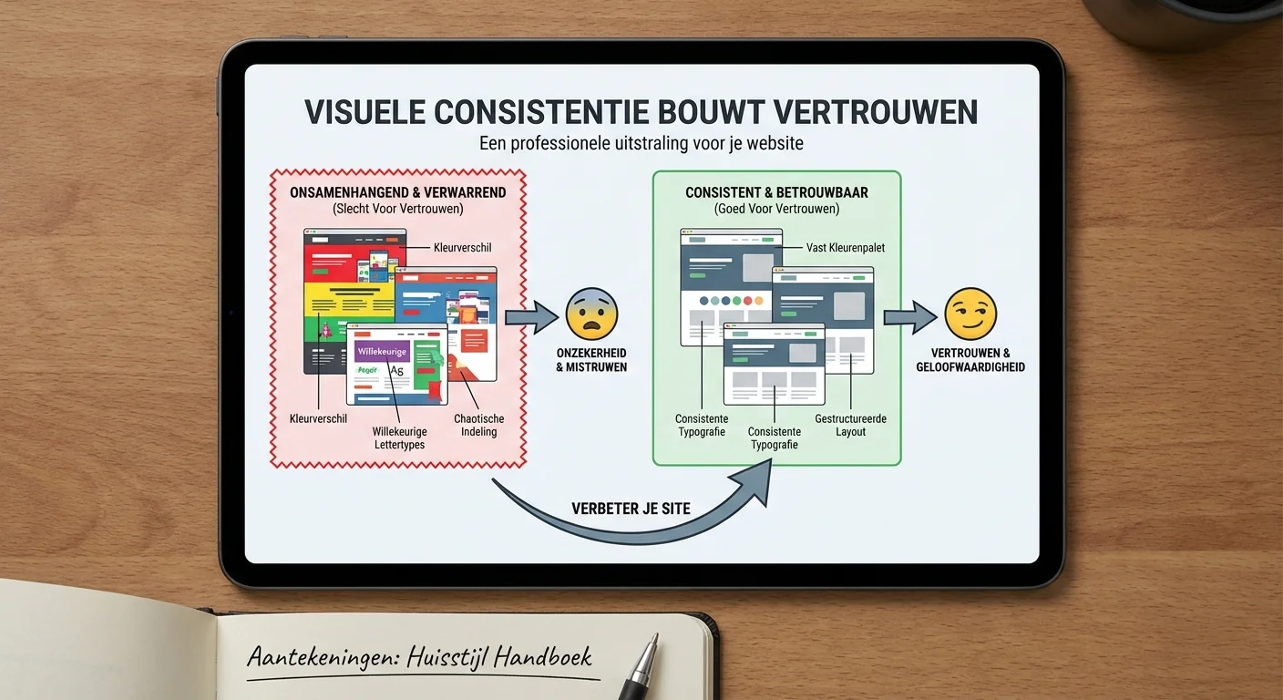 Diagram or infographic style, clear and informative of Visuele consistentie op je site: waarom dat vertrouwen bouwt