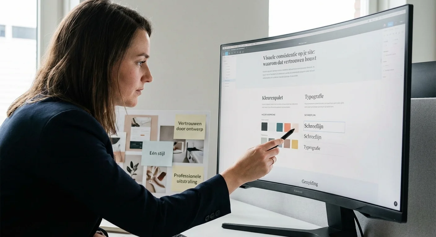 Visuele consistentie op je site: waarom dat vertrouwen bouwt met een ontwerper die kleurenschema's en typografie harmoniseert op een groot scherm