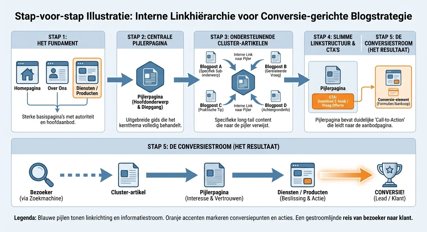 Step-by-step illustration van een interne linkhiërarchie die laat zien welke structuur converteert bij een blogstrategie, professionele weergave