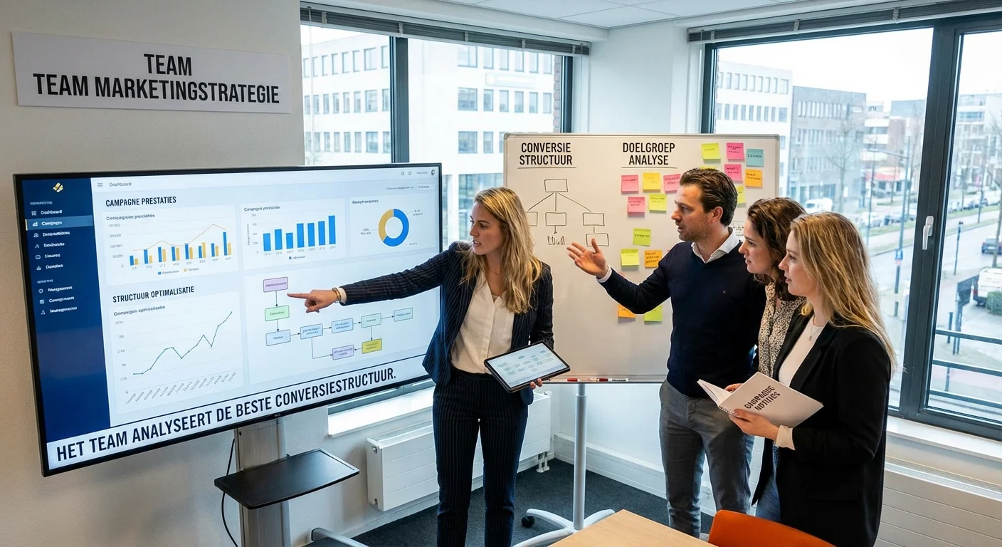 Website vs Blog, dynamic perspective van een marketingteam dat analyseert welke structuur converteert voor een nieuwe campagne