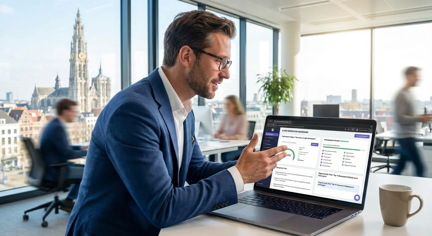 Realistische foto van een marketeer die SEOwebsites.be gebruikt als beste ai seo generator op een laptop, professioneel kantoor, natuurlijke belichting